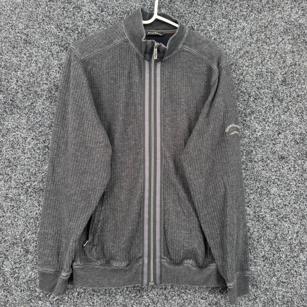 Tommy Bahama Mens Small Gray Ribbed Full Zip Cotton Sweater Jacket Mock Neck